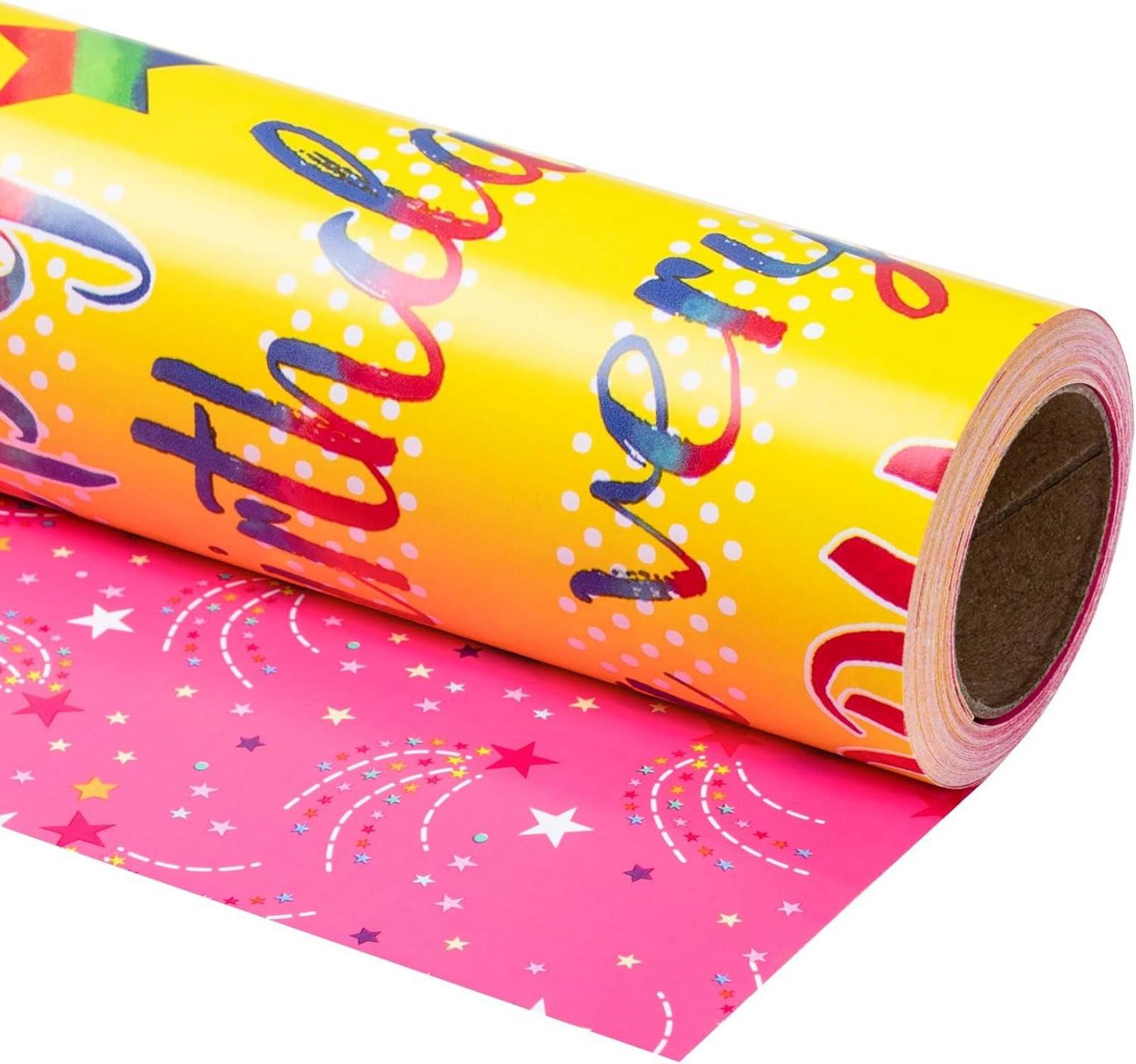 Wende-Geschenkpapierrolle buntes Happy Birthday Muster 44,5 cm x 10 m