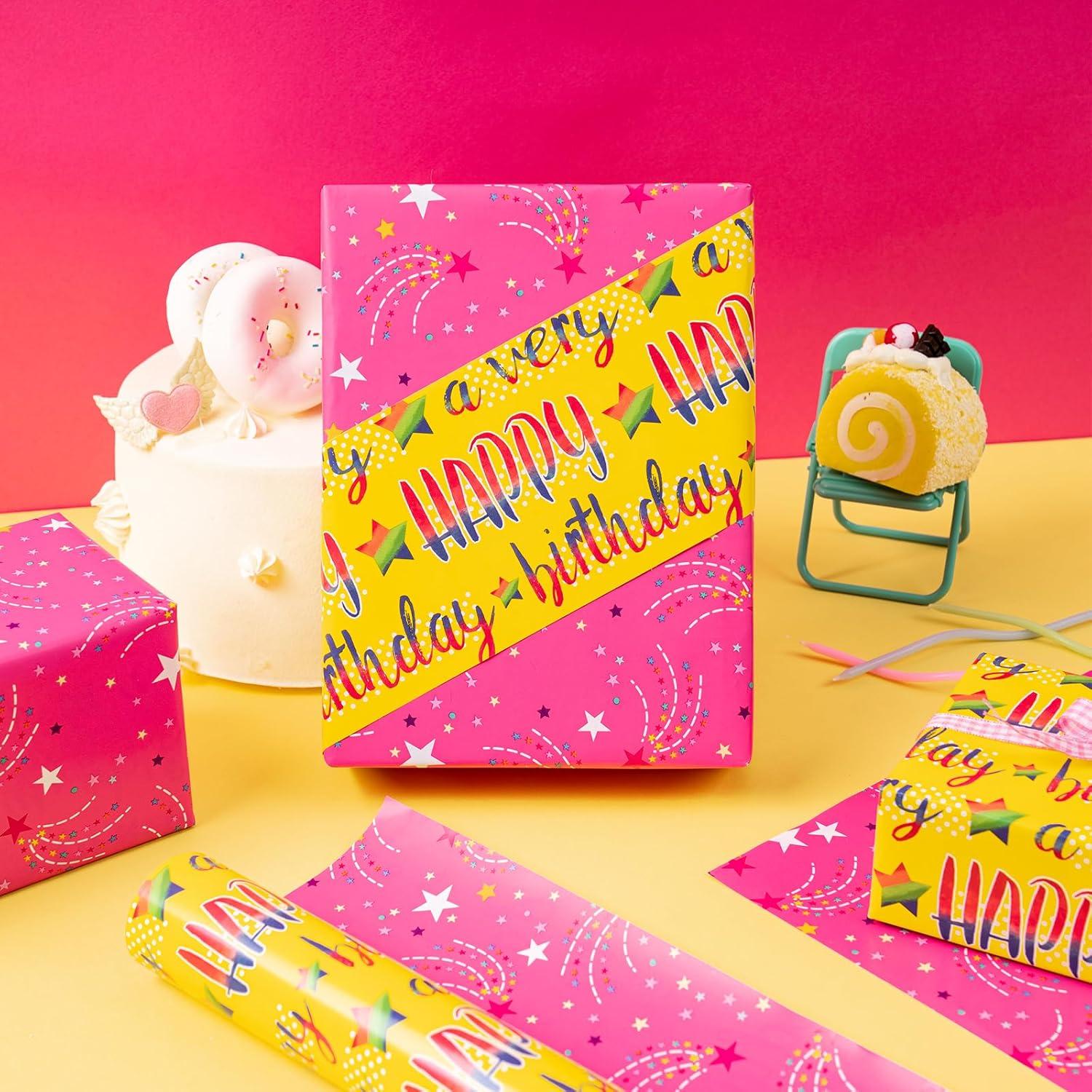 Wende-Geschenkpapierrolle - Buntes Happy Birthday Muster