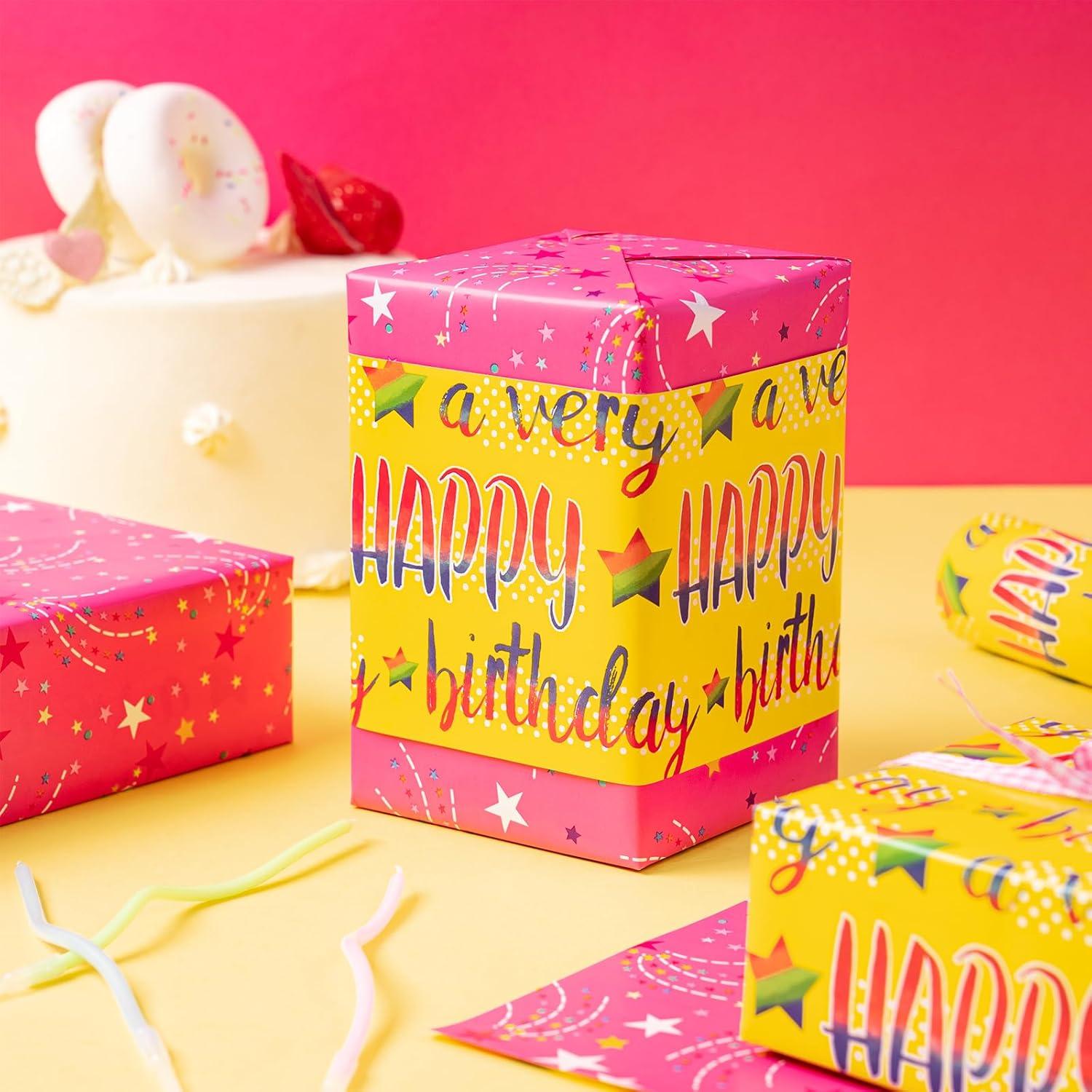 Wende-Geschenkpapierrolle buntes Happy Birthday Muster 44,5 cm x 10 m