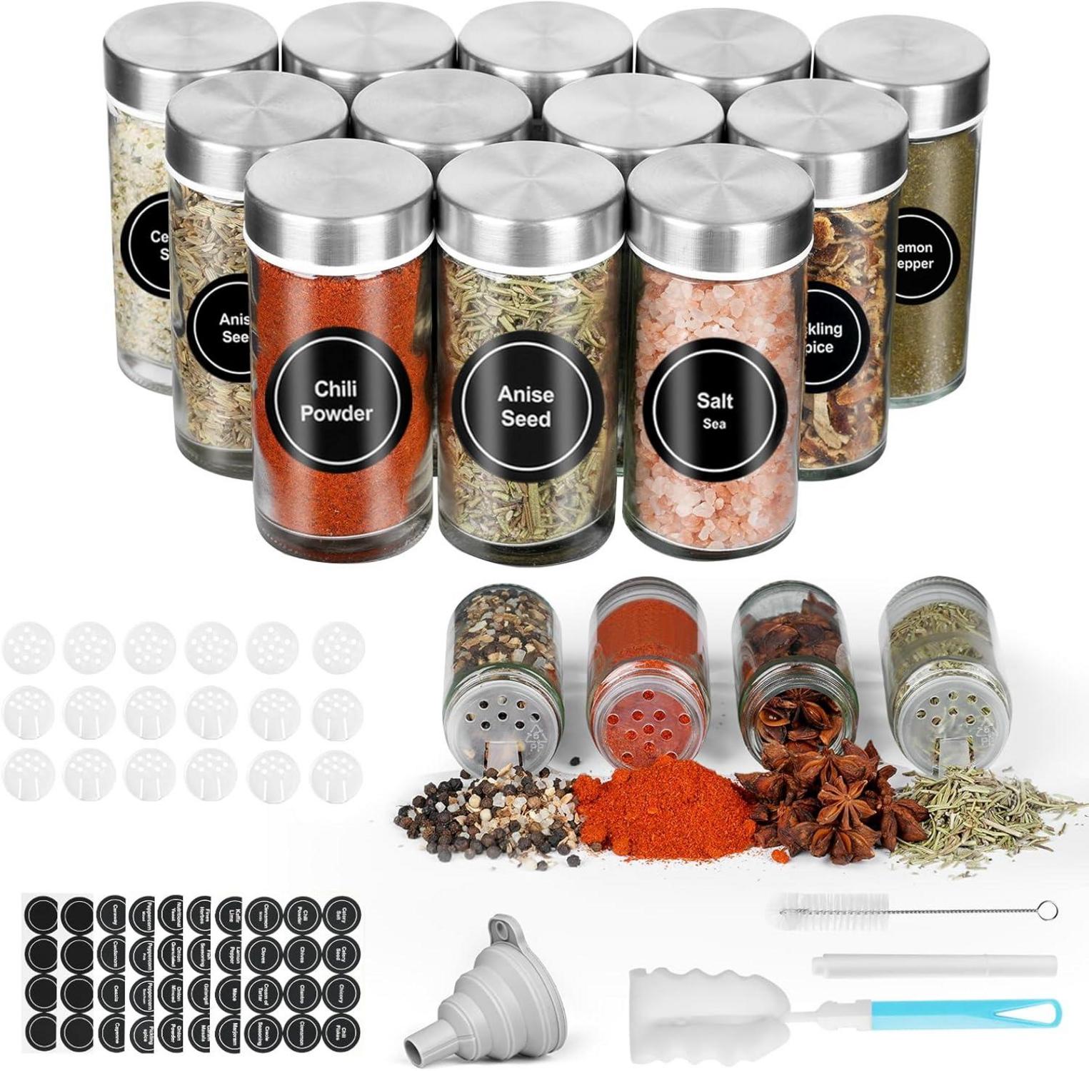 12 Gewürzgläser aus Glas mit Edelstahldeckeln & Zubehör