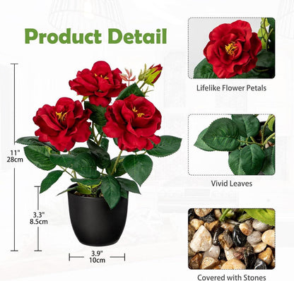 Künstliche Rosenbusch Dekoblumen rot 28cm im Topf - Büro