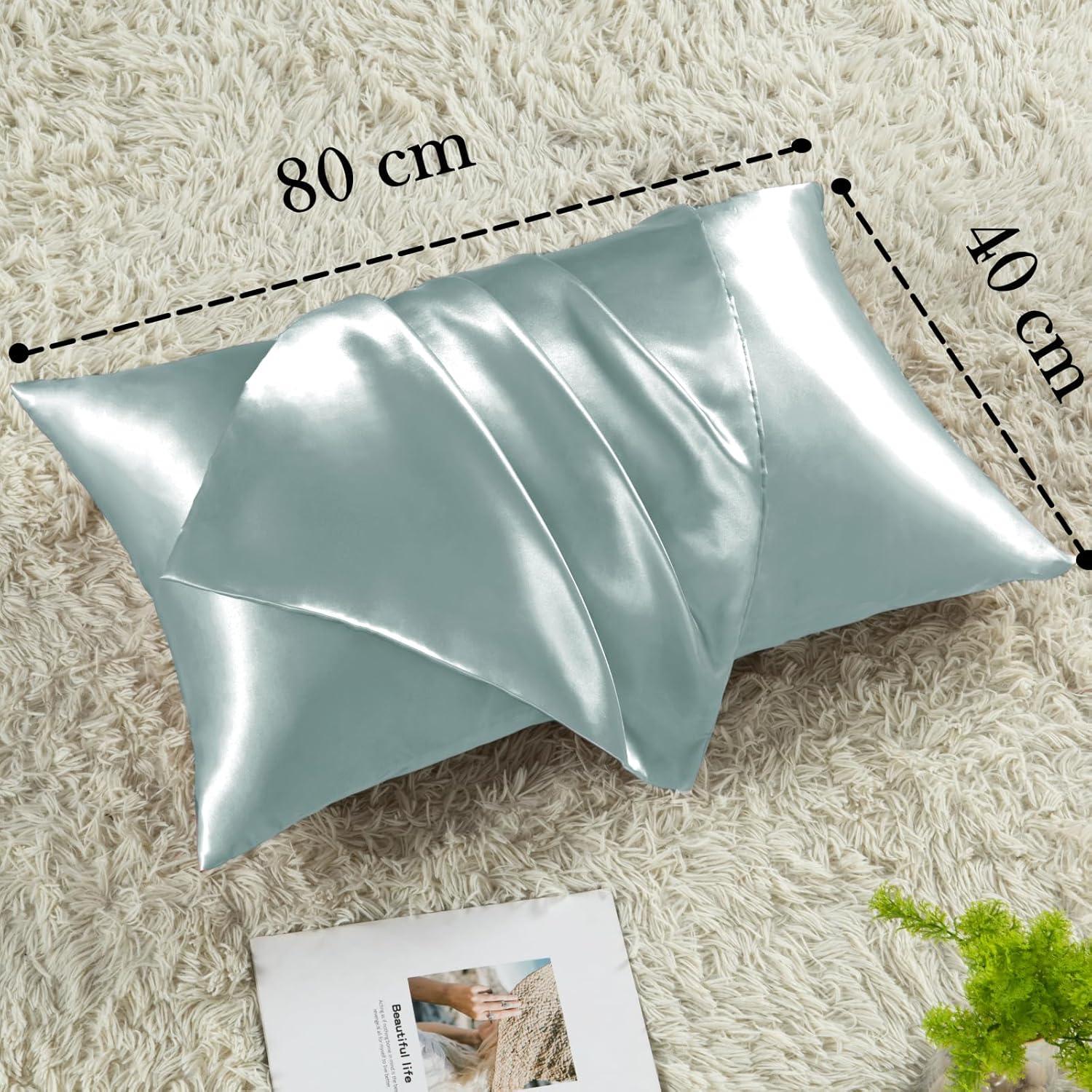 2er Set Satin Kissenbezug Grün 40x80 mit Haargummis