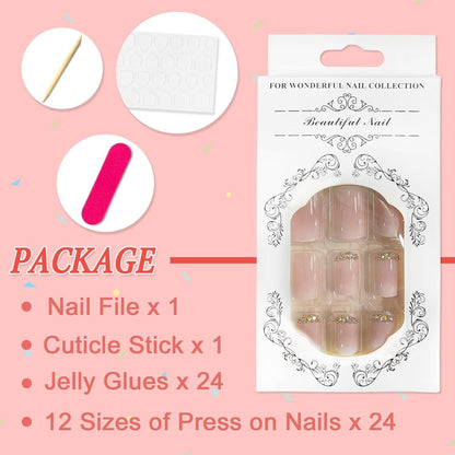 Ceboic 24x Press-on Nägel Kurz French Weiß Rosa Farbverlauf