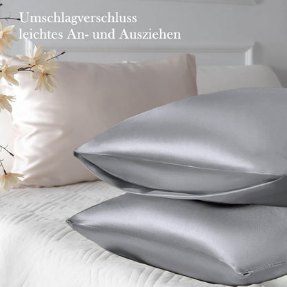 Satin Kissenbezug 2er Set 50x80 Grau mit Haargummis & Umschlag