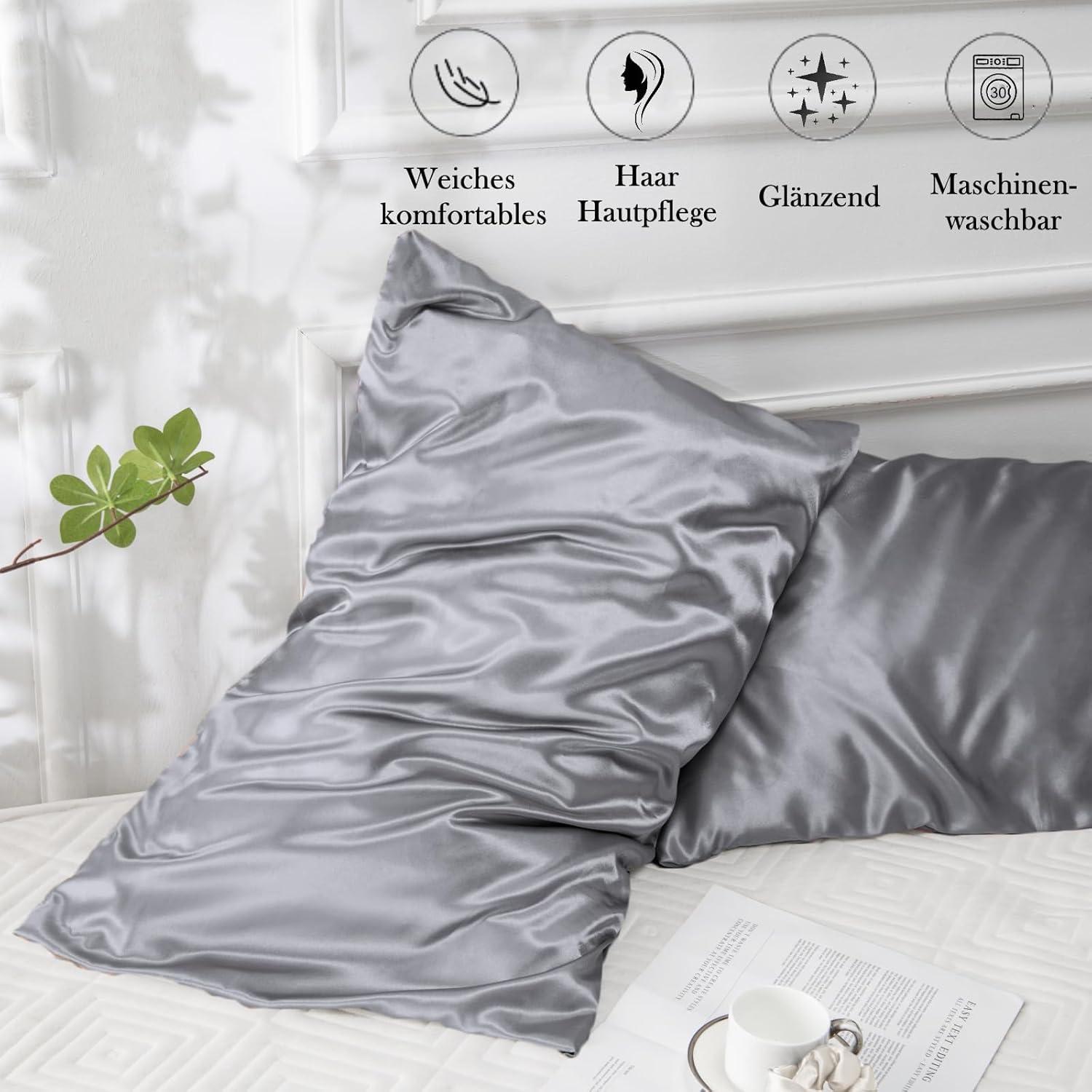 Vielit Satin Kissenbezüge 50x80 Grau inkl. Haargummis - Pflegeleicht
