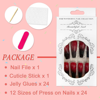 24 Stück Mittel Sarg French Künstliche Nägel Rot Schwarz
