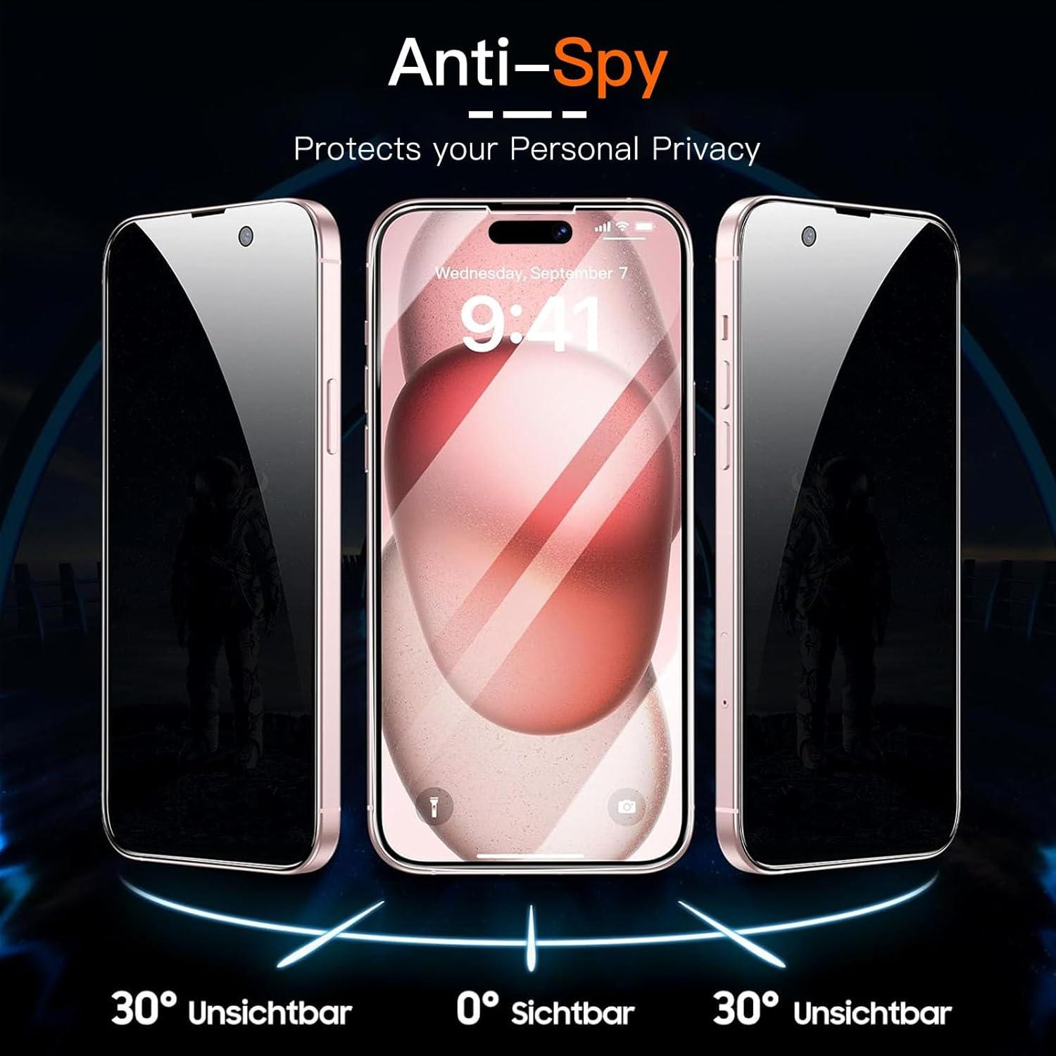 Sichtschutz Panzerglas Folie iPhone 15 6.1 2er Set Anti-Spy Privacy
