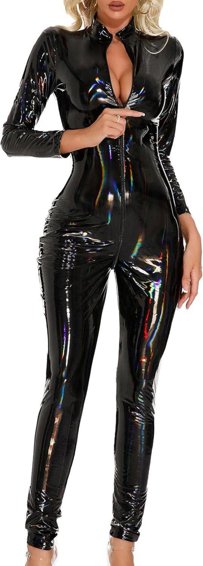 Lackleder Jumpsuit Damen Latex Catsuit Stretch Wetlook Bodysuit