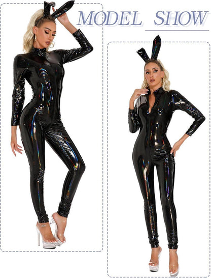 Lackleder Jumpsuit Damen Latex Catsuit Stretch Wetlook Bodysuit