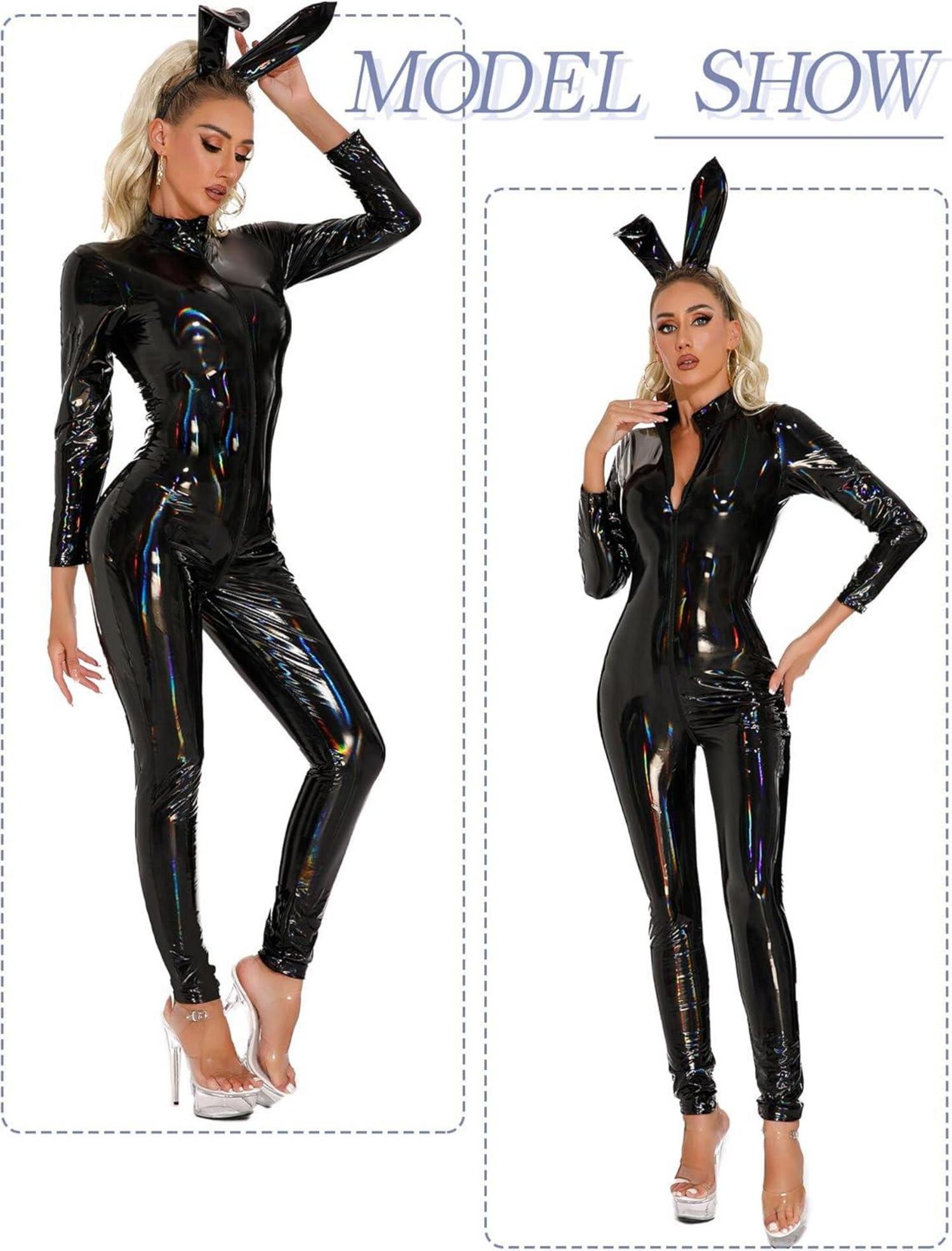 Lackleder Jumpsuit Damen Latex Catsuit Stretch Wetlook Bodysuit