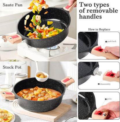 Antihaft Bratpfanne mit Deckel und abnehmbaren Griffen, Keramik