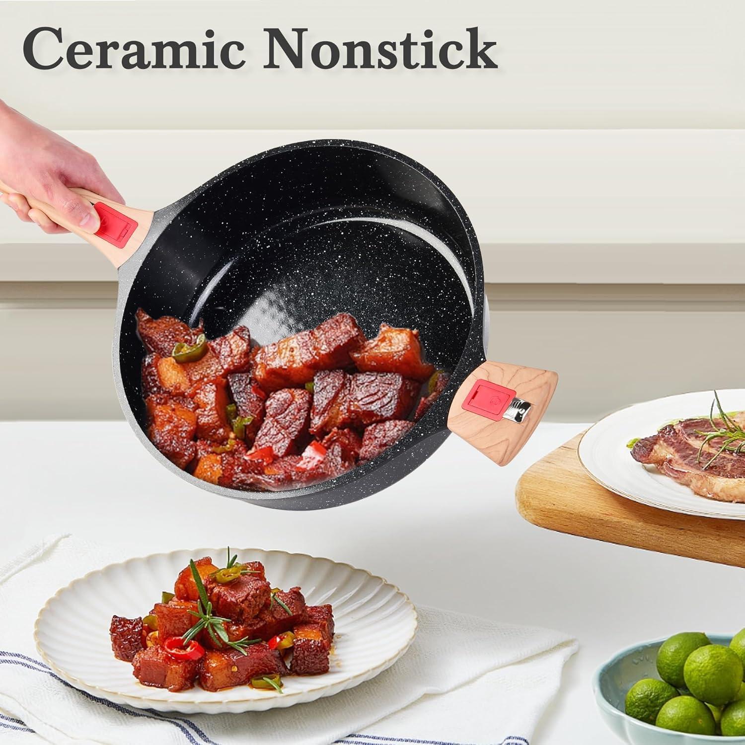 Antihaft-Bratpfanne mit Deckel und abnehmbaren Griffen, Keramikbeschichtung 28cm