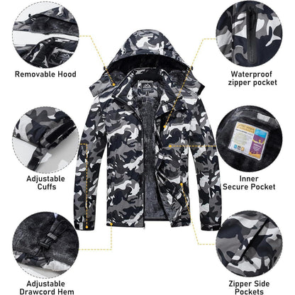 Herren Skijacke Wasserdicht & Warm – Outdoor Winterjacke Schwarz Camo