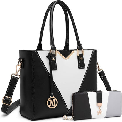 Schwarze V-Form Handtasche 2-teiliges Set Synthetische Ledertasche