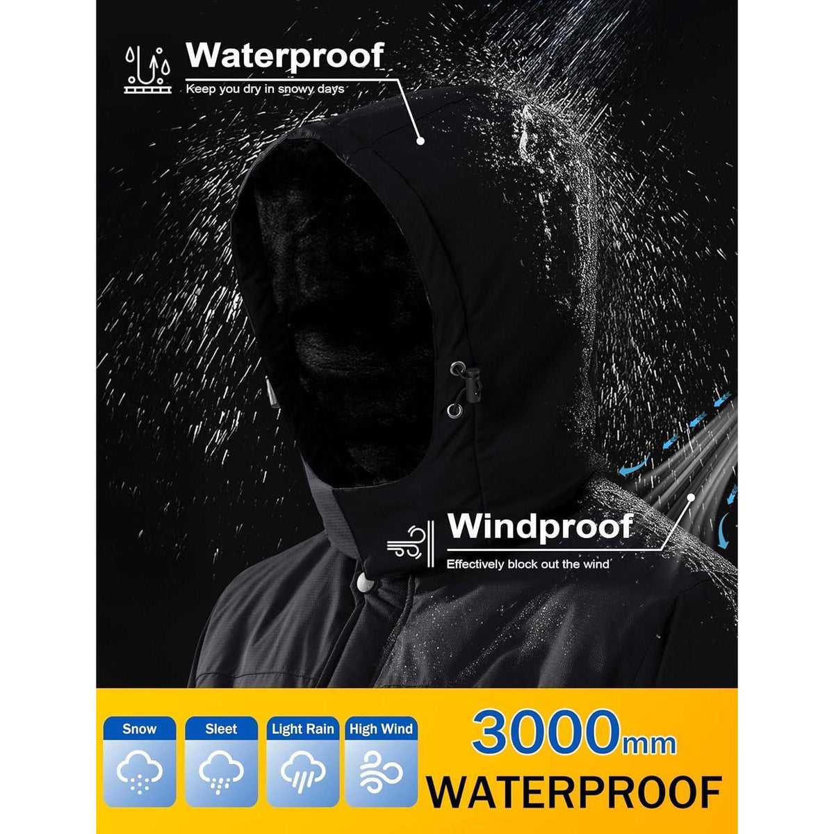 Herren Skijacke Wasserdicht & Warm – Abnehmbare Kapuze Schwarz
