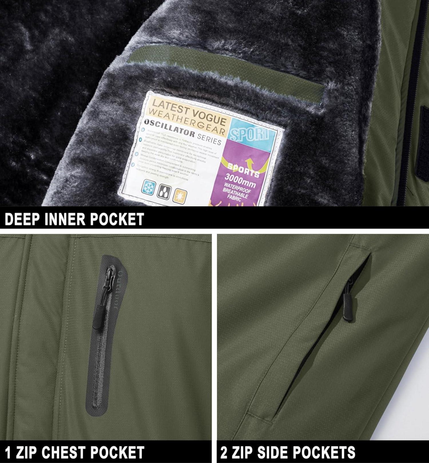 Herren Skijacke Wasserdicht Winterjacke Fleece Winddicht S Armeegrün