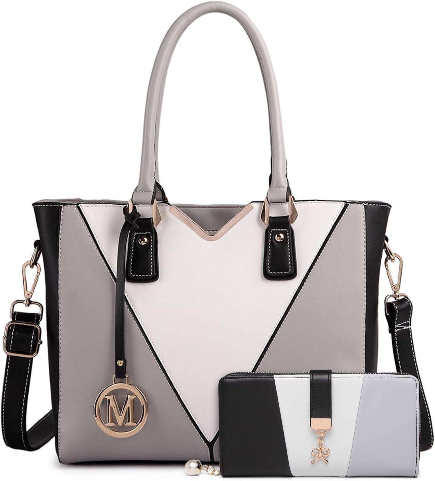 Damen Handtasche V-Form Schultertasche Shopper Grau Ledertasche 2-teiliges Set