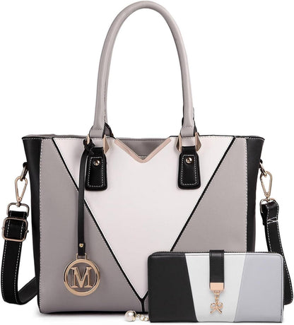 Damen Handtasche V-Form Schultertasche Shopper Grau Ledertasche 2-teiliges Set