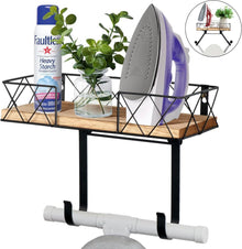 Wandhalterung für Bügelbrett mit verstellbaren Haken, Holzablagekorb