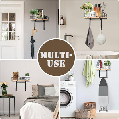 Wandhalterung für Bügelbrett mit verstellbaren Haken, Holzablagekorb