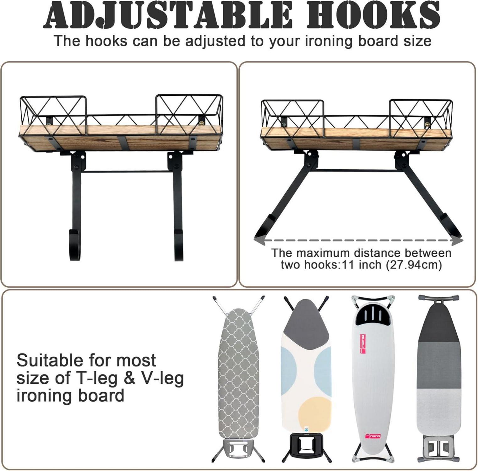 Bügelbretthalter Wandhalterung mit Holzablagekorb und verstellbaren Haken Schwarz