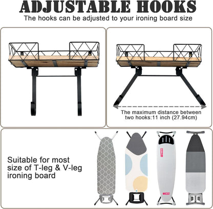 Bügelbretthalter Wandhalterung mit Holzablagekorb und verstellbaren Haken Schwarz