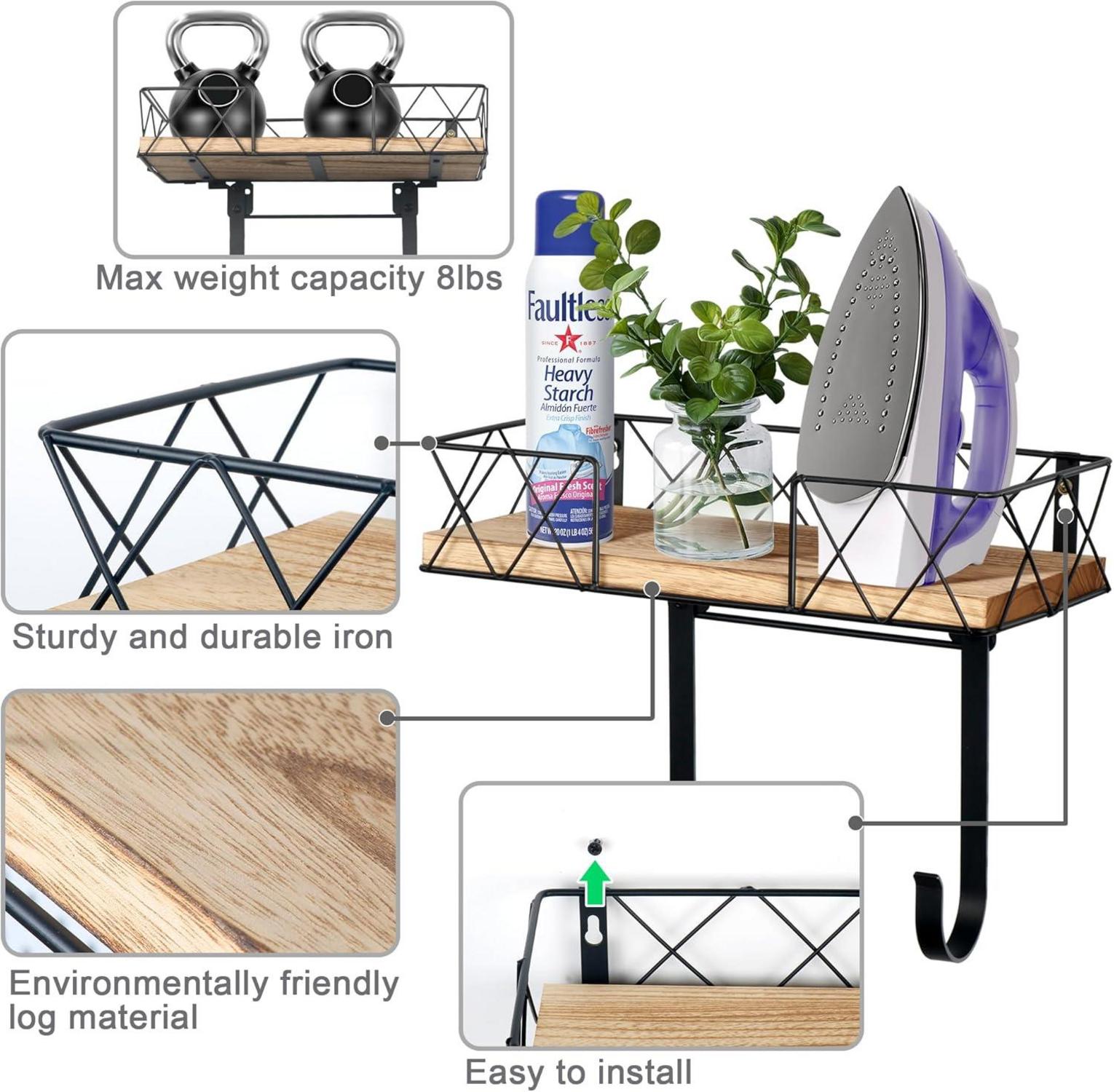 Wandhalter für Bügelbrett mit Holzablagekorb und Haken, Schwarz