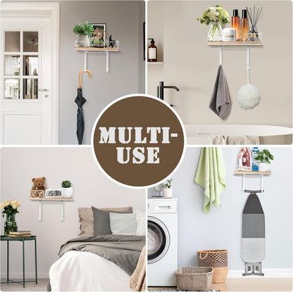 Bügelbretthalter mit Holzablage - Wandhalterung für Bügeleisen & Bretter, verstellbare Haken