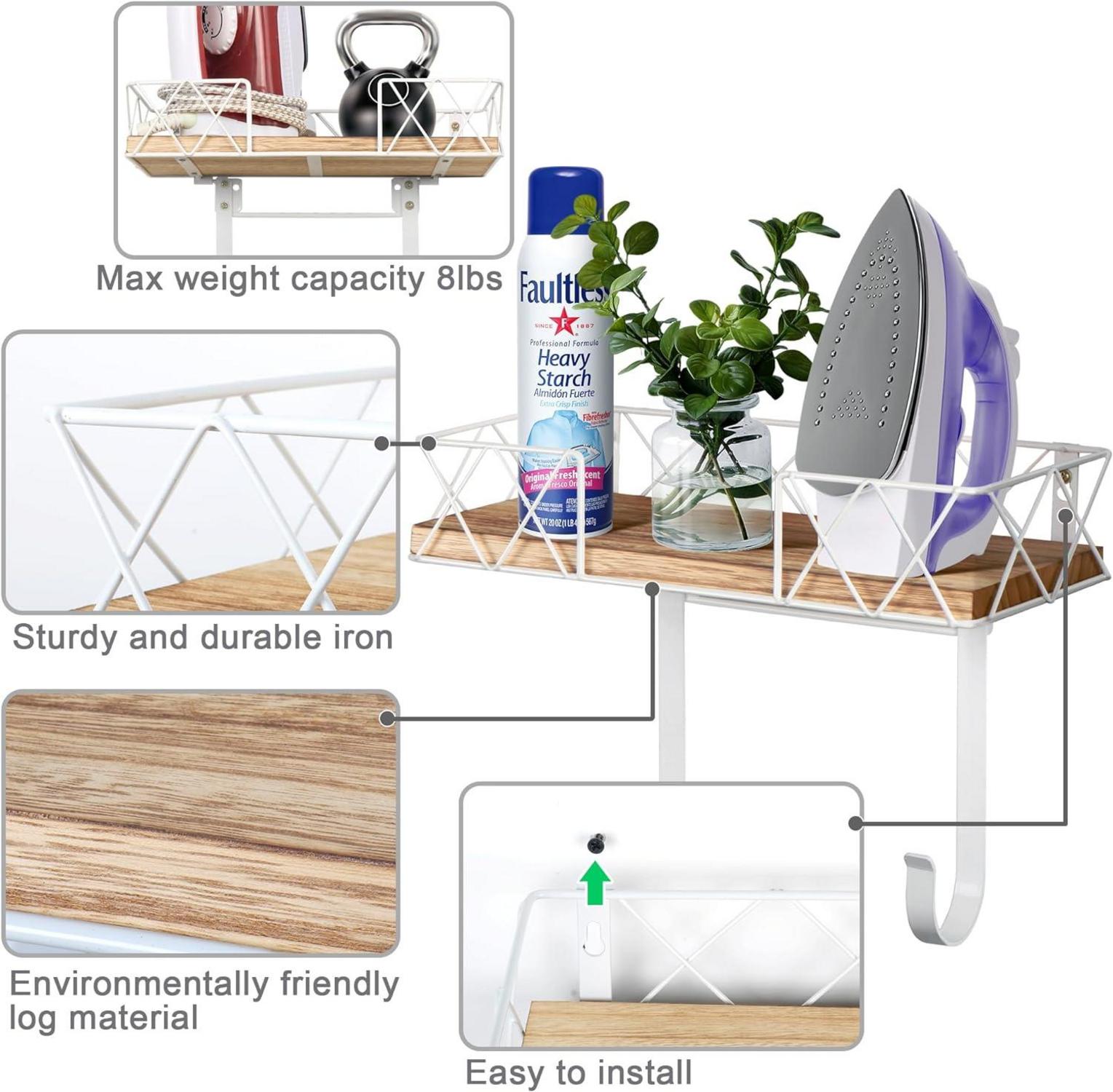 Wandhalterung für Bügelbrett mit Holzablage, verstellbare Haken