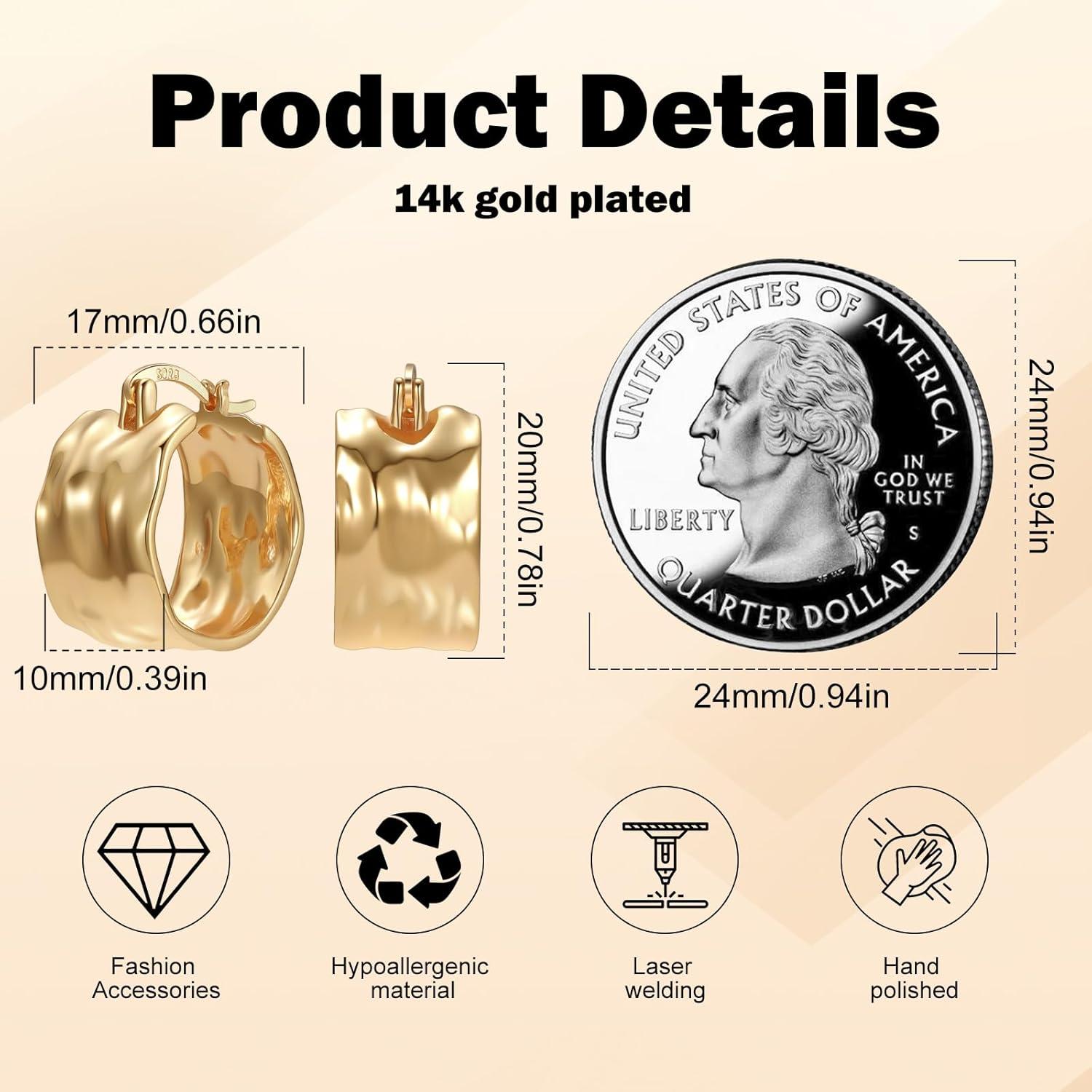 Goldene Creolen Ohrringe Damen 925 Silber Hypoallergen 14K