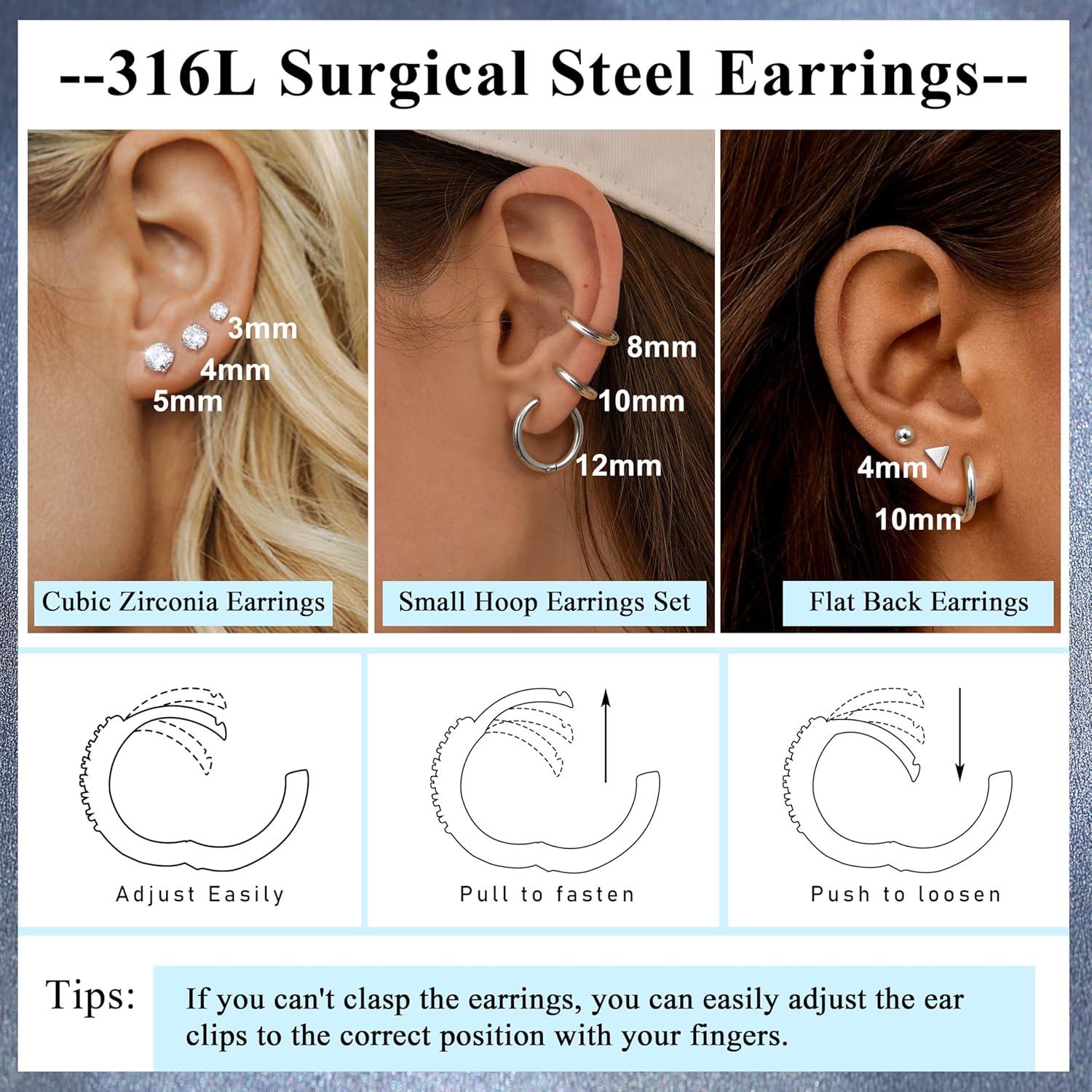 JeweBella 21Pairs Klein Ohrstecker Set Chirurgenstahl Zirkonia Opal