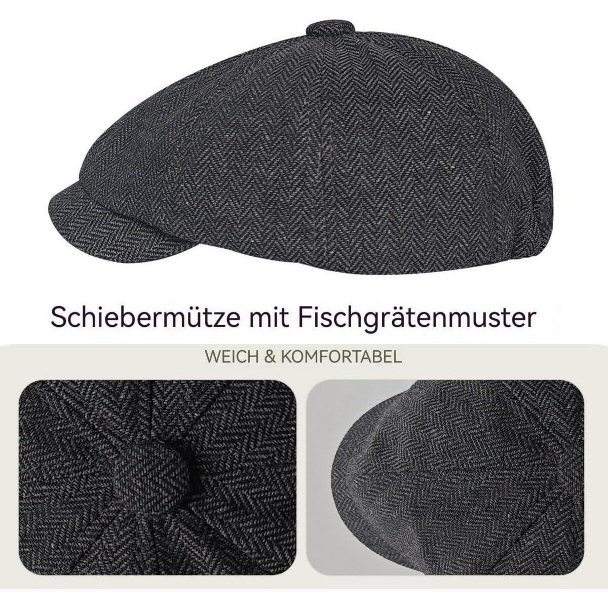 Herren Schiebermütze Winter - Grau, Herringbone Newsboy Cap