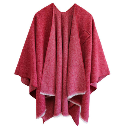 Damen Poncho Strick Reversibel Elegant Warm Rot