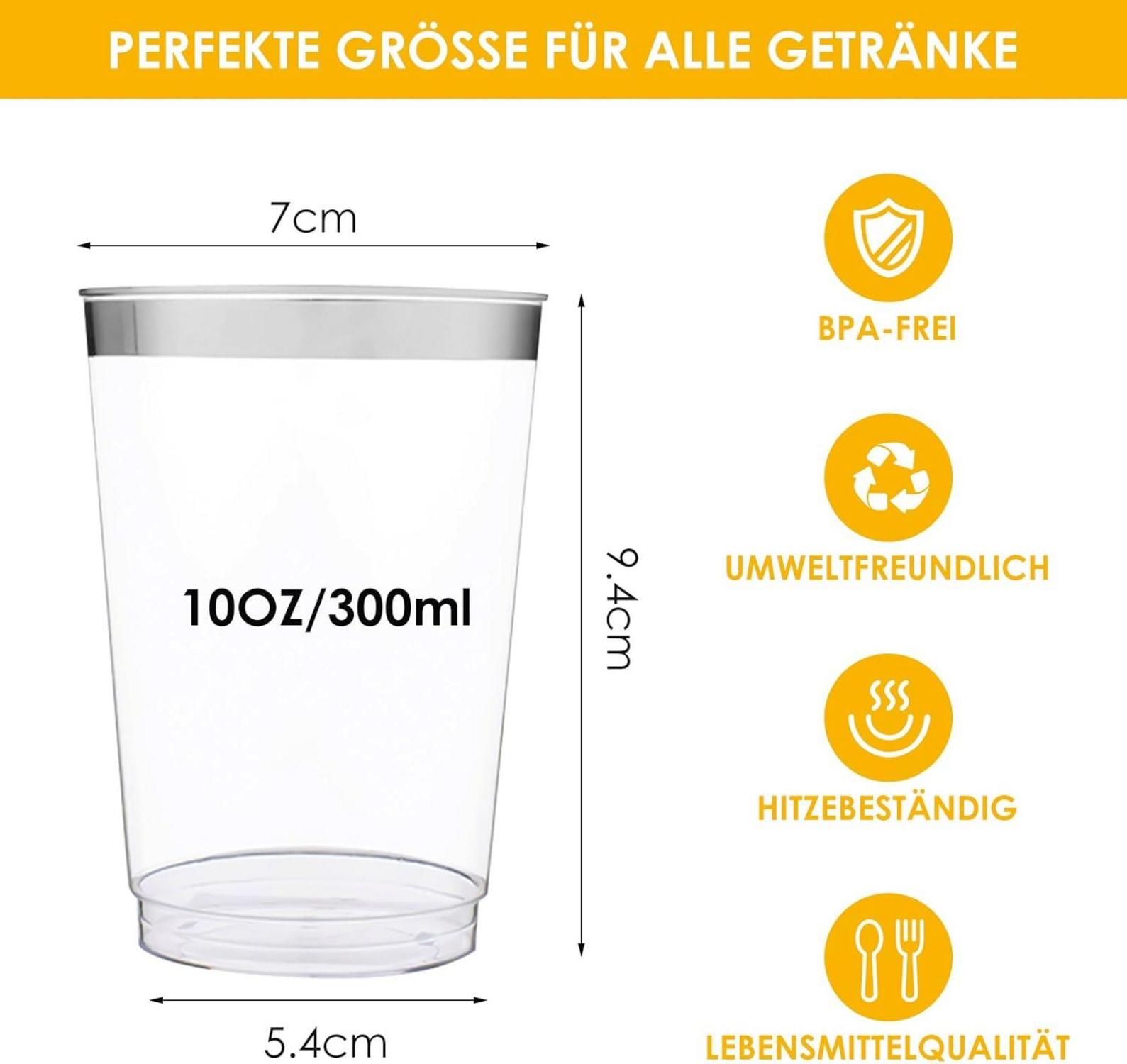 60 Stück Silber Rand Partybecher 300ml Wiederverwendbar