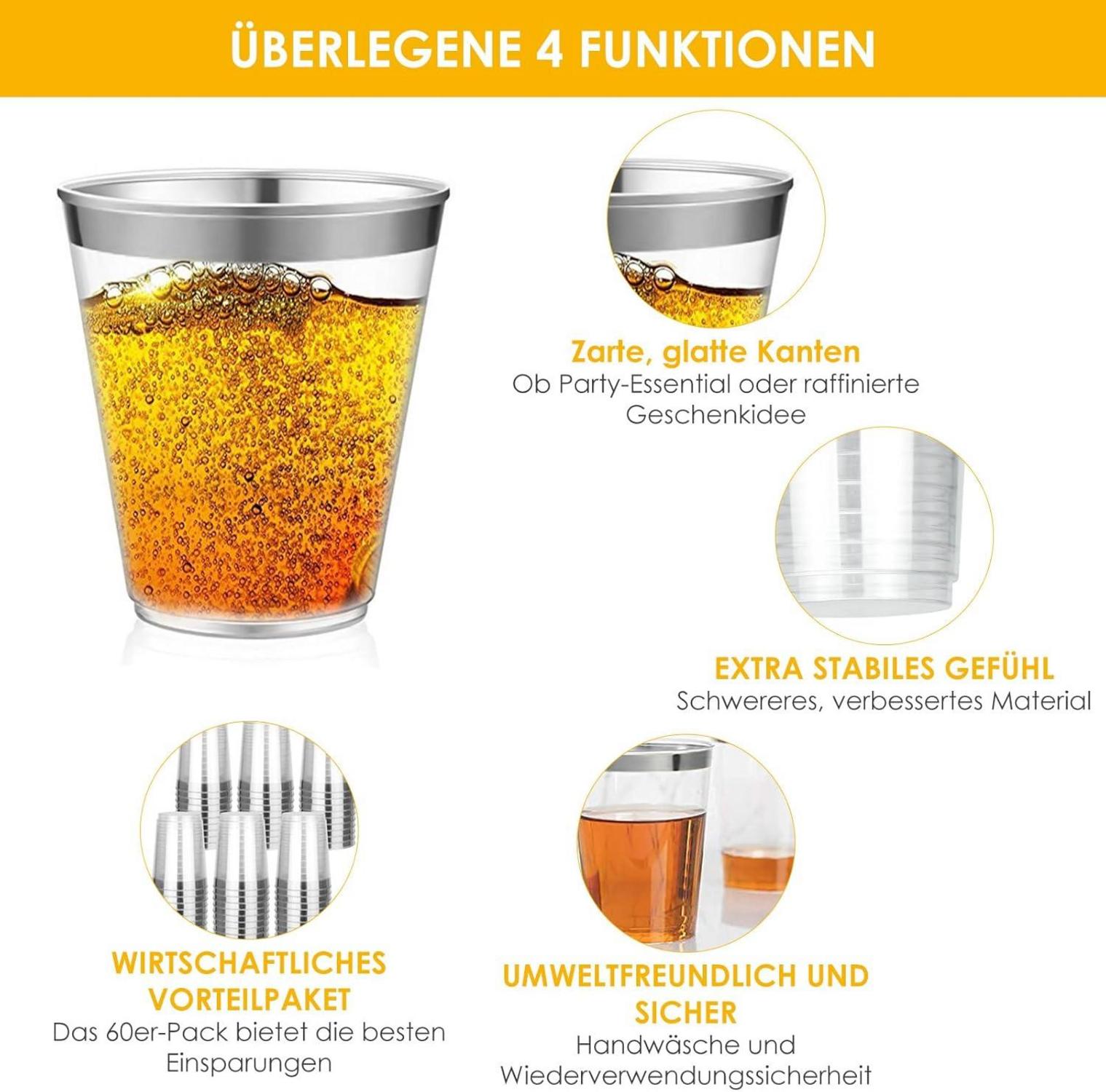 60er Set Silber Rand Partybecher 300ml Wiederverwendbar Hartplastik