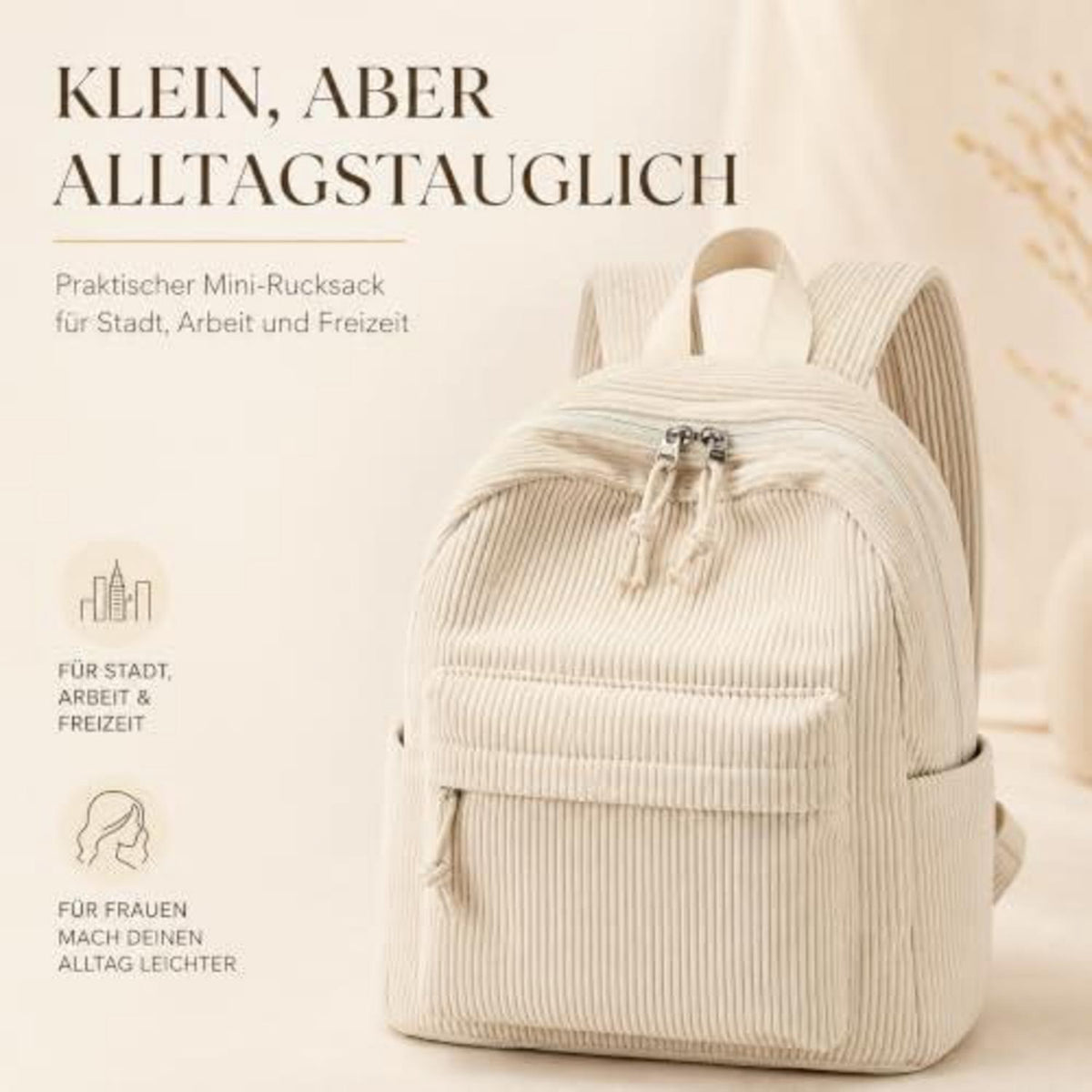 Damen Rucksack klein Cord Beige mit Mini Geldbörse