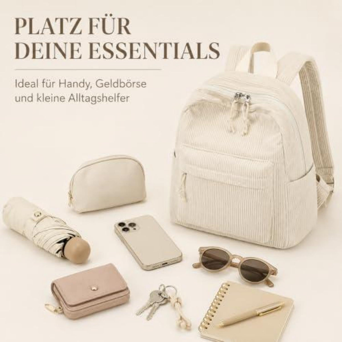 Damen Rucksack klein Cord Beige mit Mini Geldbörse