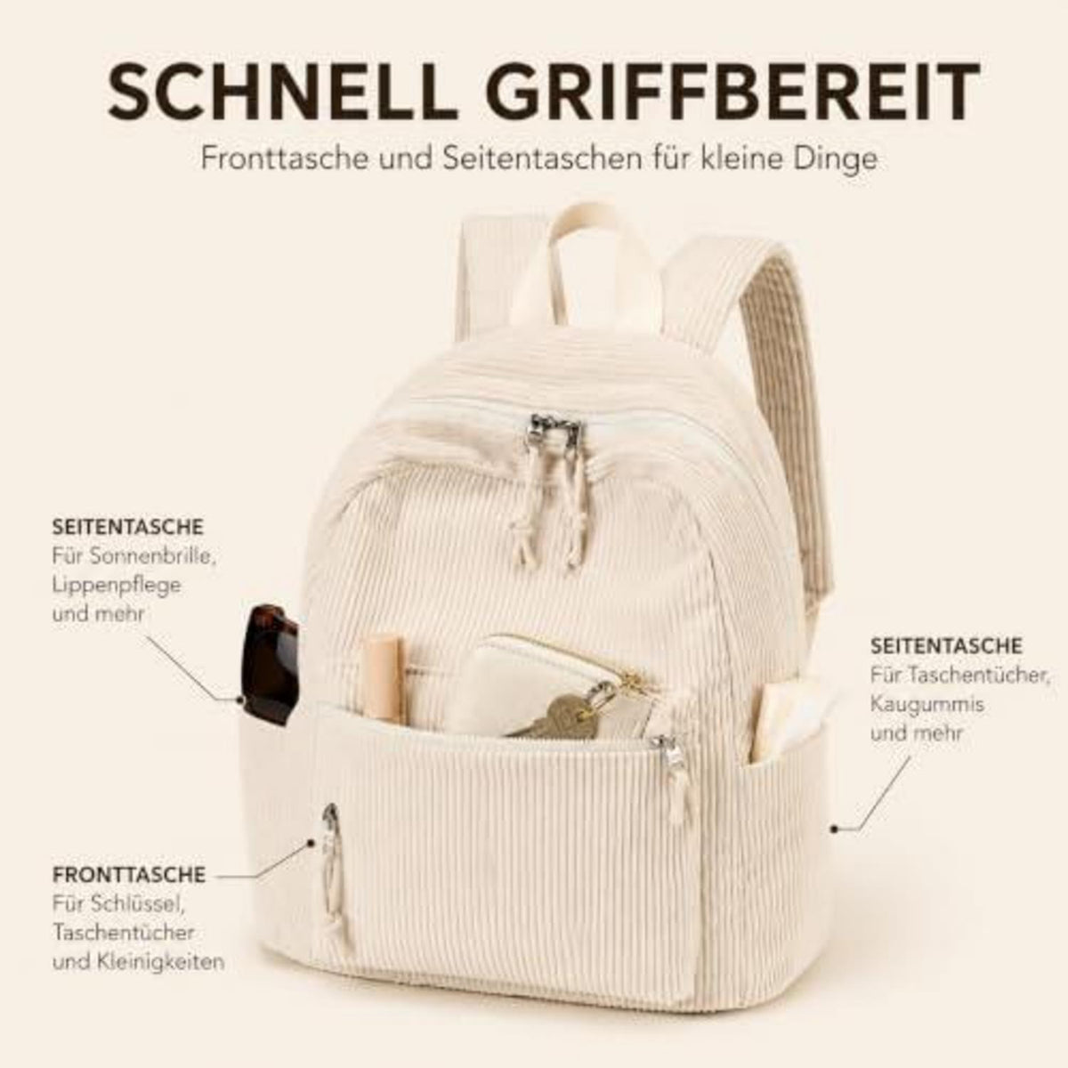 Damen Rucksack klein Cord Beige mit Mini Geldbörse