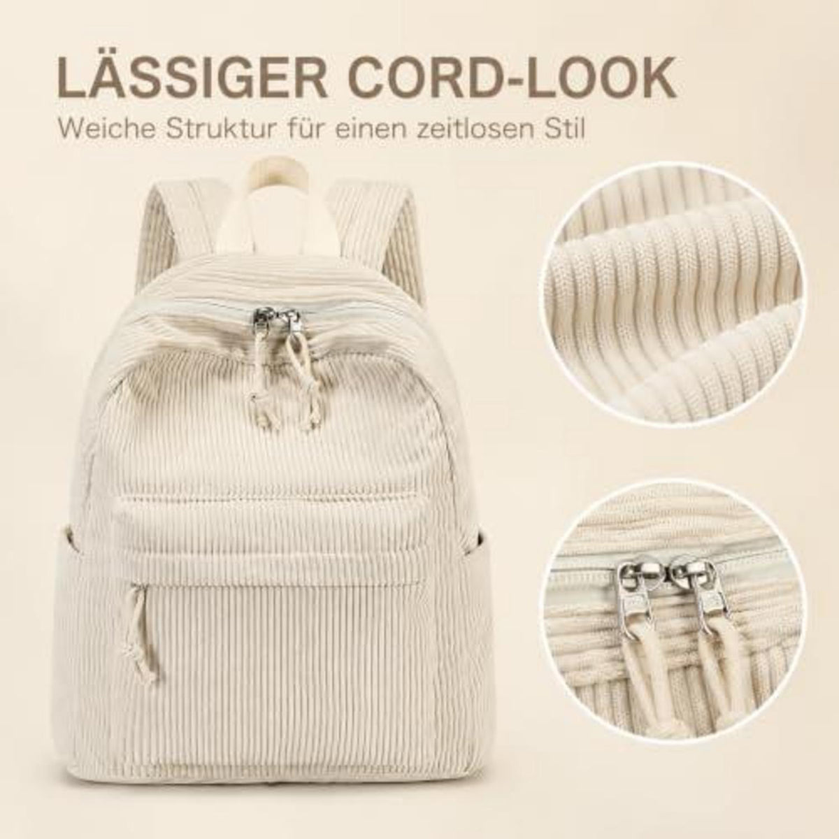 Damen Rucksack klein Cord Beige mit Mini Geldbörse