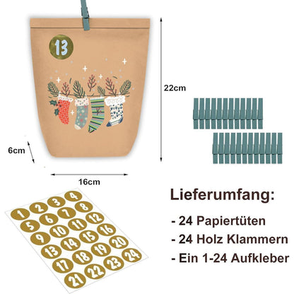 Adventskalender zum Befüllen 24 Weihnachtstüten Aufkleber