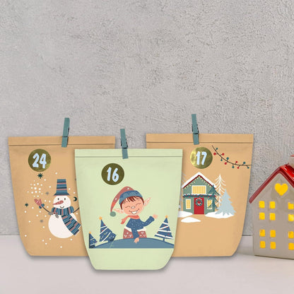Papiertüten Adventskalender zum Befüllen, 24 Weihnachtskalender mit Aufkleber, DIY Geschenktüten Braun Schwarz