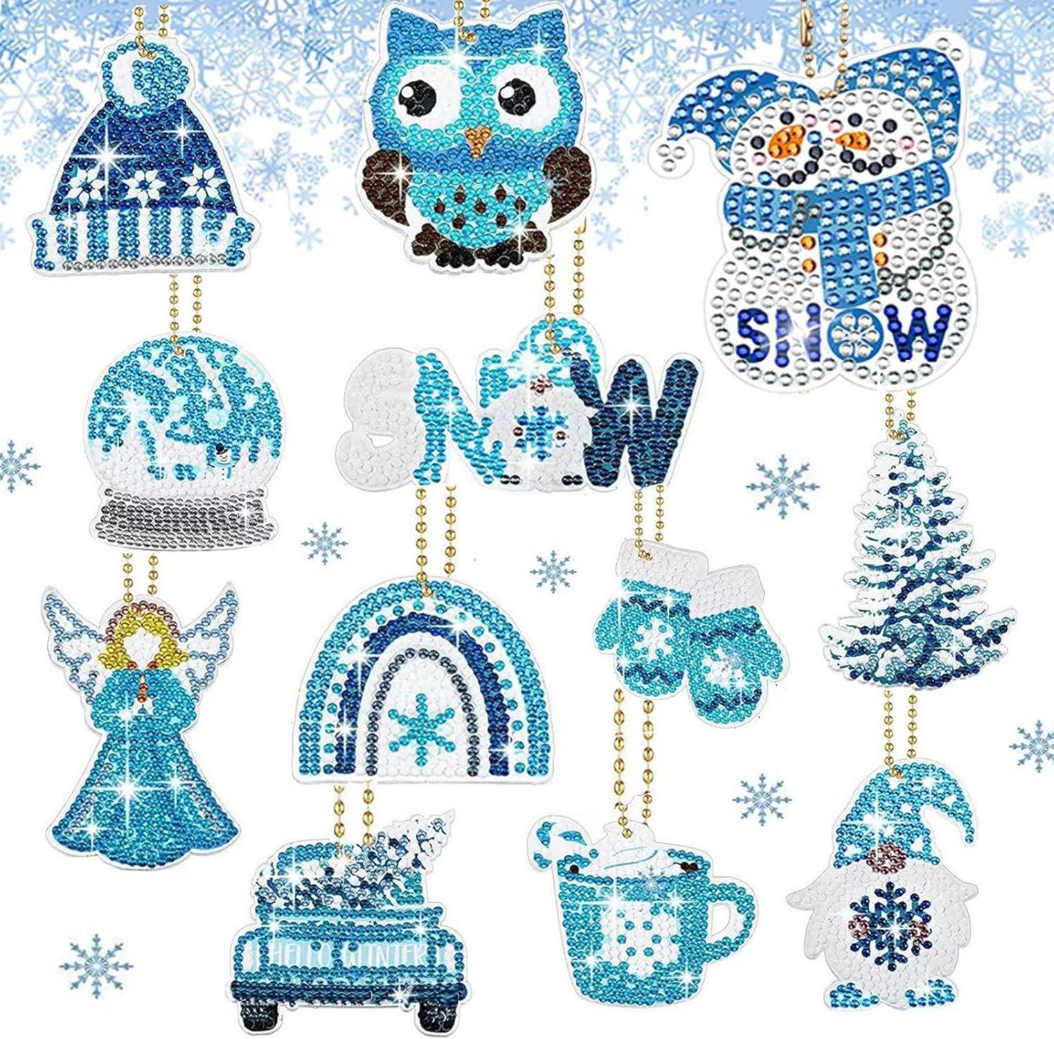 12er Weihnachts Diamond Painting Set Eule Anhänger Schlüsselanhänger