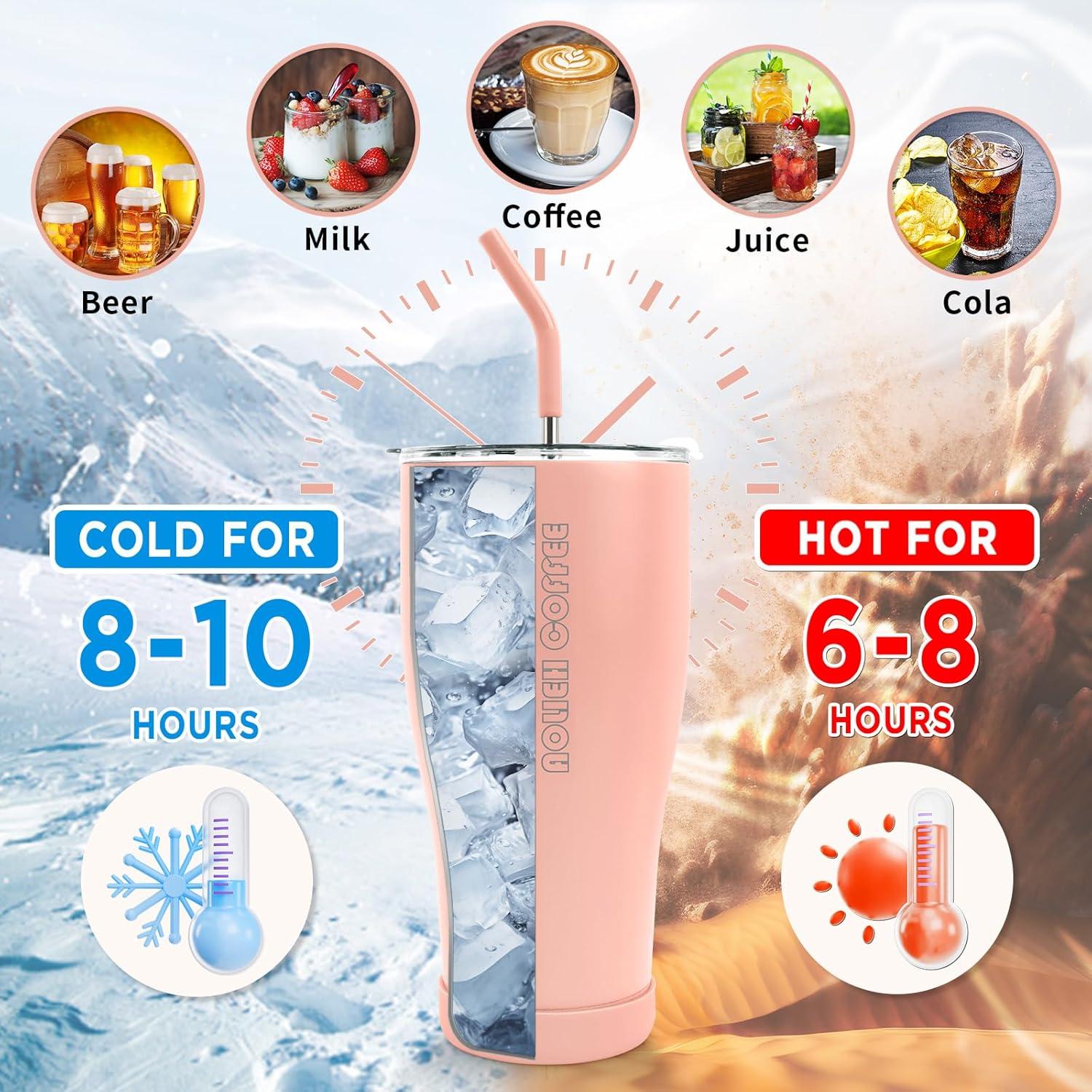 Aolieh 30OZ Thermobecher mit Stroh 2 Deckeln Doppelwandiger Edelstahl Vakuum 850ML