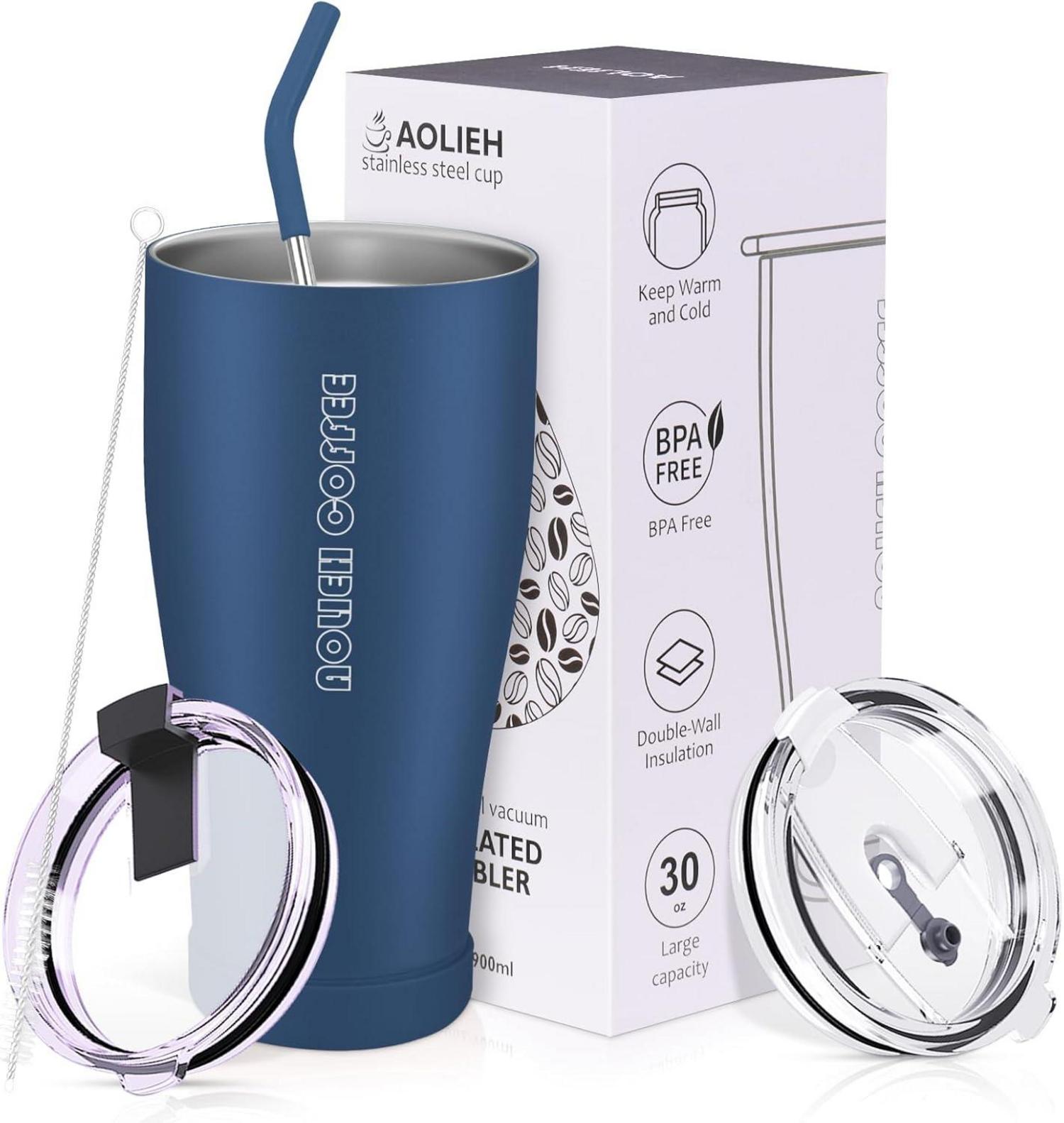 Thermobecher 30oz mit Strohhalm und 2 Deckeln Marineblau
