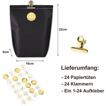 Adventskalender zum Befüllen 24 Papiertüten Schwarz Golden