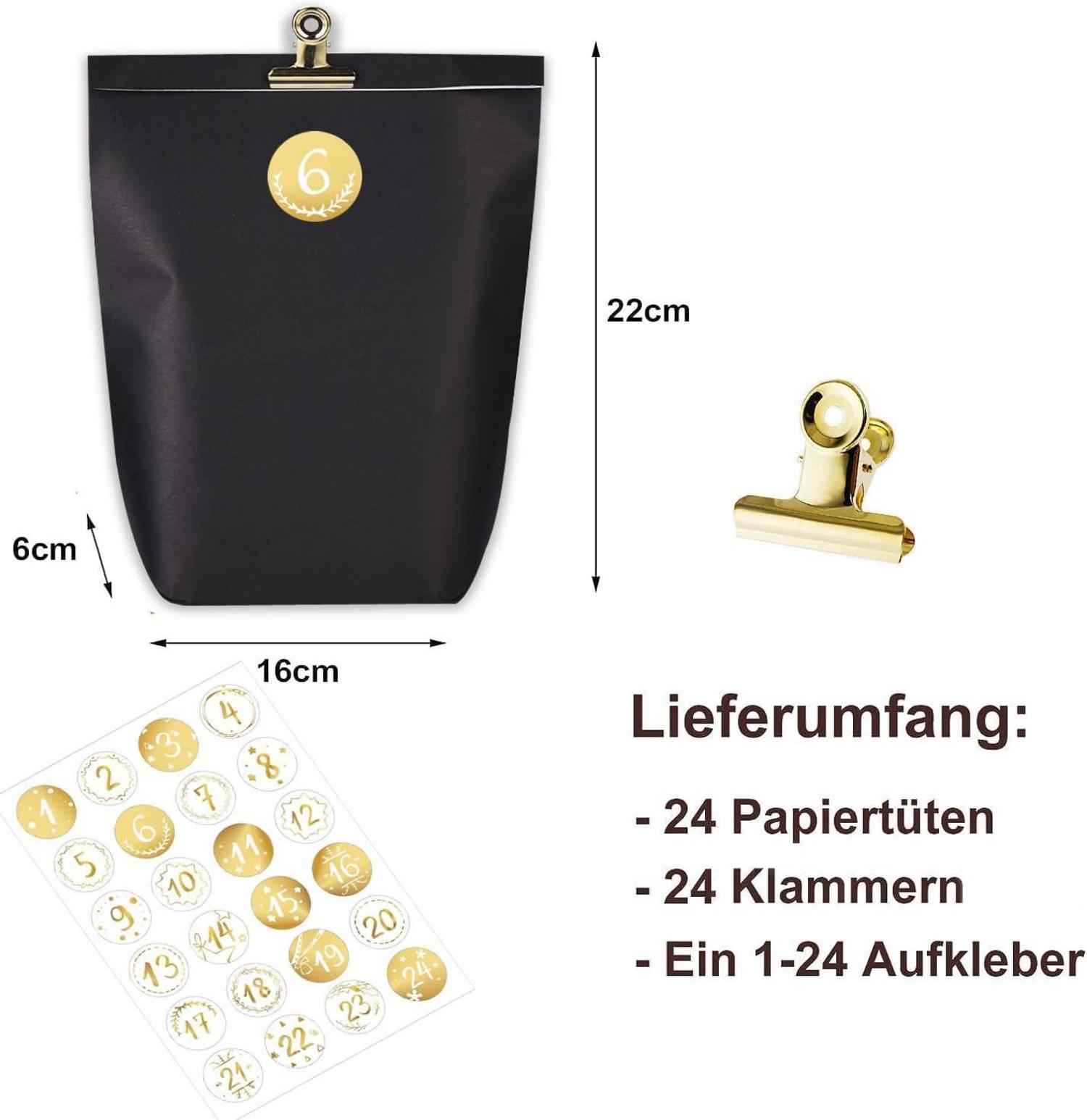 Adventskalender Set 24 Weihnachtskalender Tüten Schwarz Goldendeko