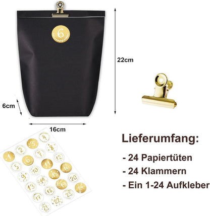 Adventskalender Set 24 Weihnachtskalender Tüten Schwarz Goldendeko
