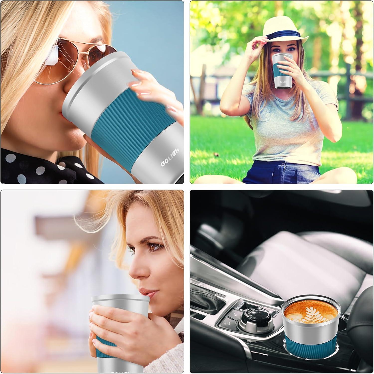 Aolieh Thermobecher Edelstahl 380ML Isolierbecher Kaffeebecher to go Silber Blau