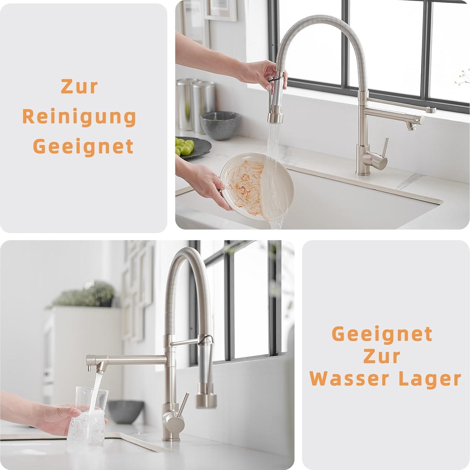 TIMACO Wasserhahn Küche mit Schloss Brause 360° Schwenkbar Gebürstetes Nickel