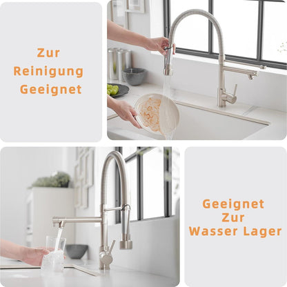 TIMACO Wasserhahn Küche mit Schloss Brause 360° Schwenkbar Gebürstetes Nickel